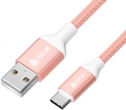 GCR QC кабель 0.5m, TypeC, быстрая зарядка, розовый нейлон, AL корпус розовый, белый пвх, 28/ 24 AWG, GCR-52508